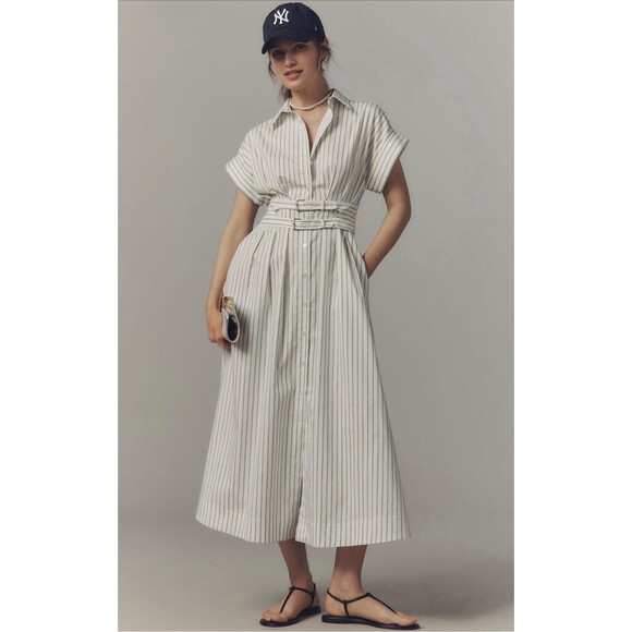 Exquise Anthropologie Shirt Dress White Stripe Tobie Double Buckle Medium NWT